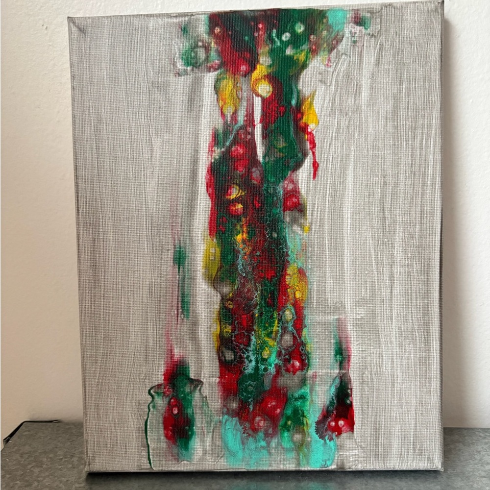 Original Abstract Acrylic Painting with Red, Green, and Gray Accents